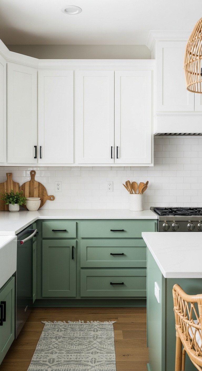 Two tone kitchen with muted green lower cabinets crisp white upper cabinets and matte black hardware for a modern farmhouse look