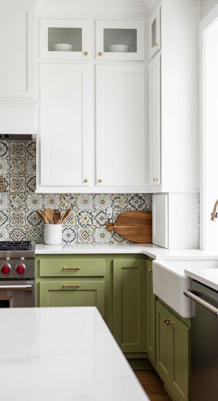 Two-tone olive green lower cabinets crisp white uppers patterned tile backsplash white quartz countertop wooden cutting board