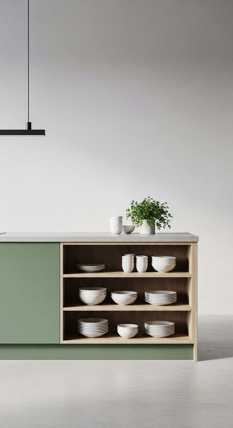 Two-toned moss green and natural wood kitchen island with open shelving and white ceramic dishes