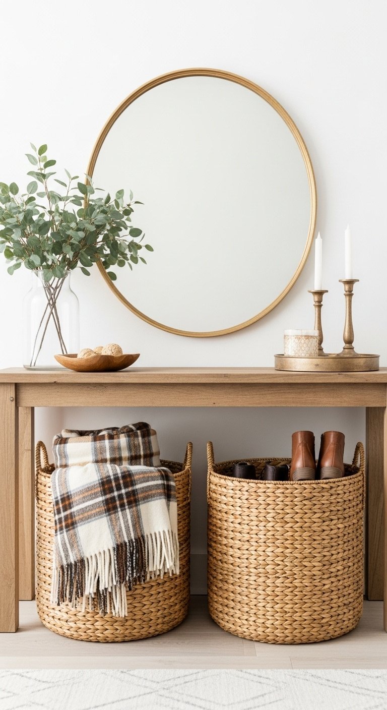 Two woven hyacinth baskets under a rustic wood console table one with a plaid blanket the other with stylish boots