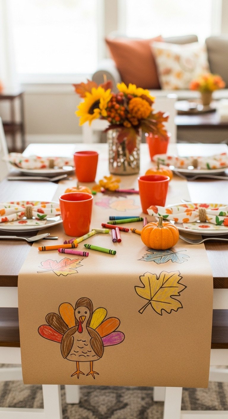 Ultimate doodle-ready kraft paper runner for Thanksgiving kids table with colorful turkey and leaf crayon doodles mini pumpkins and festive napkin