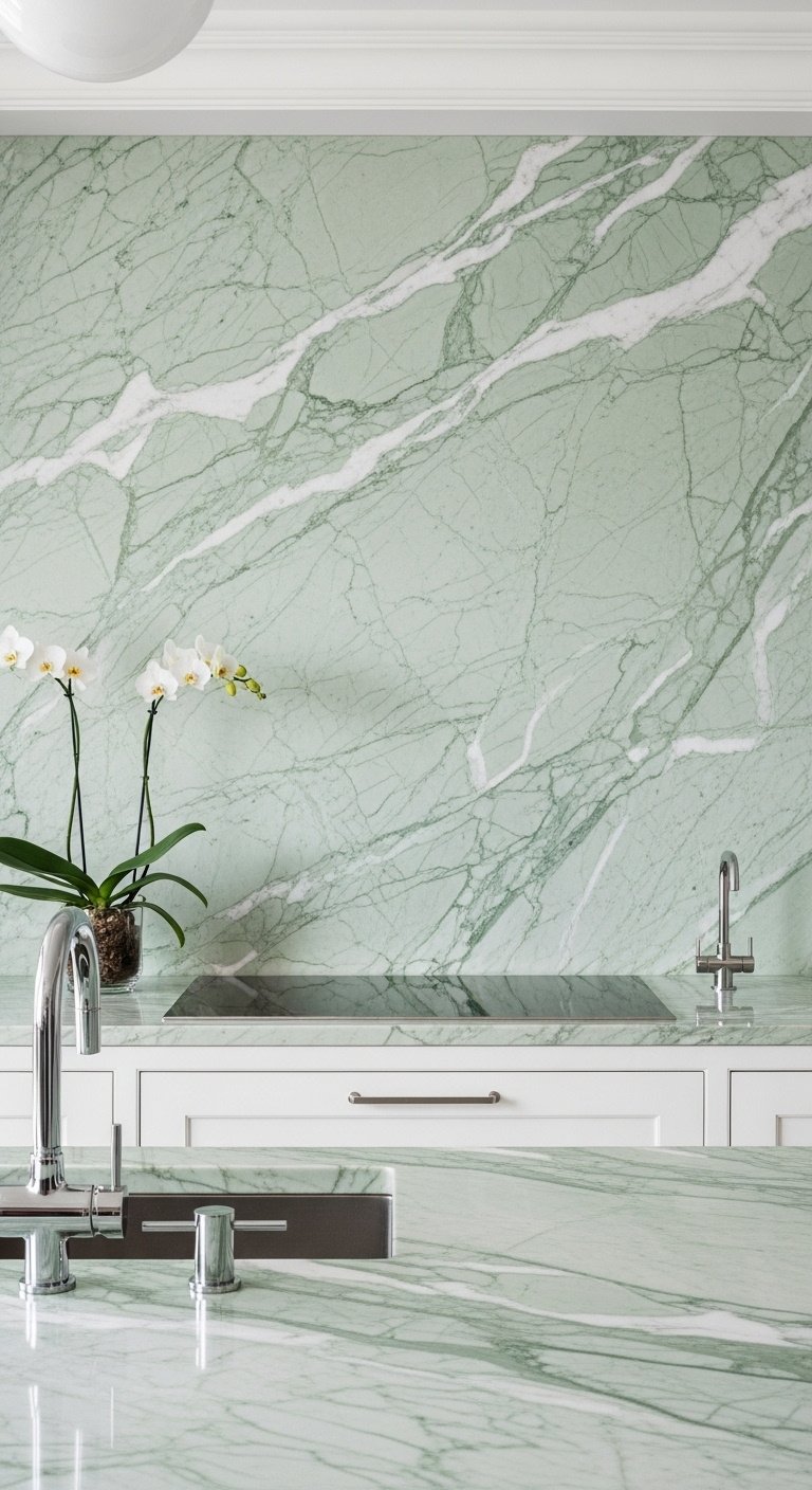 Understated luxury seafoam green marble backsplash with matching countertop and sleek handleless white cabinet