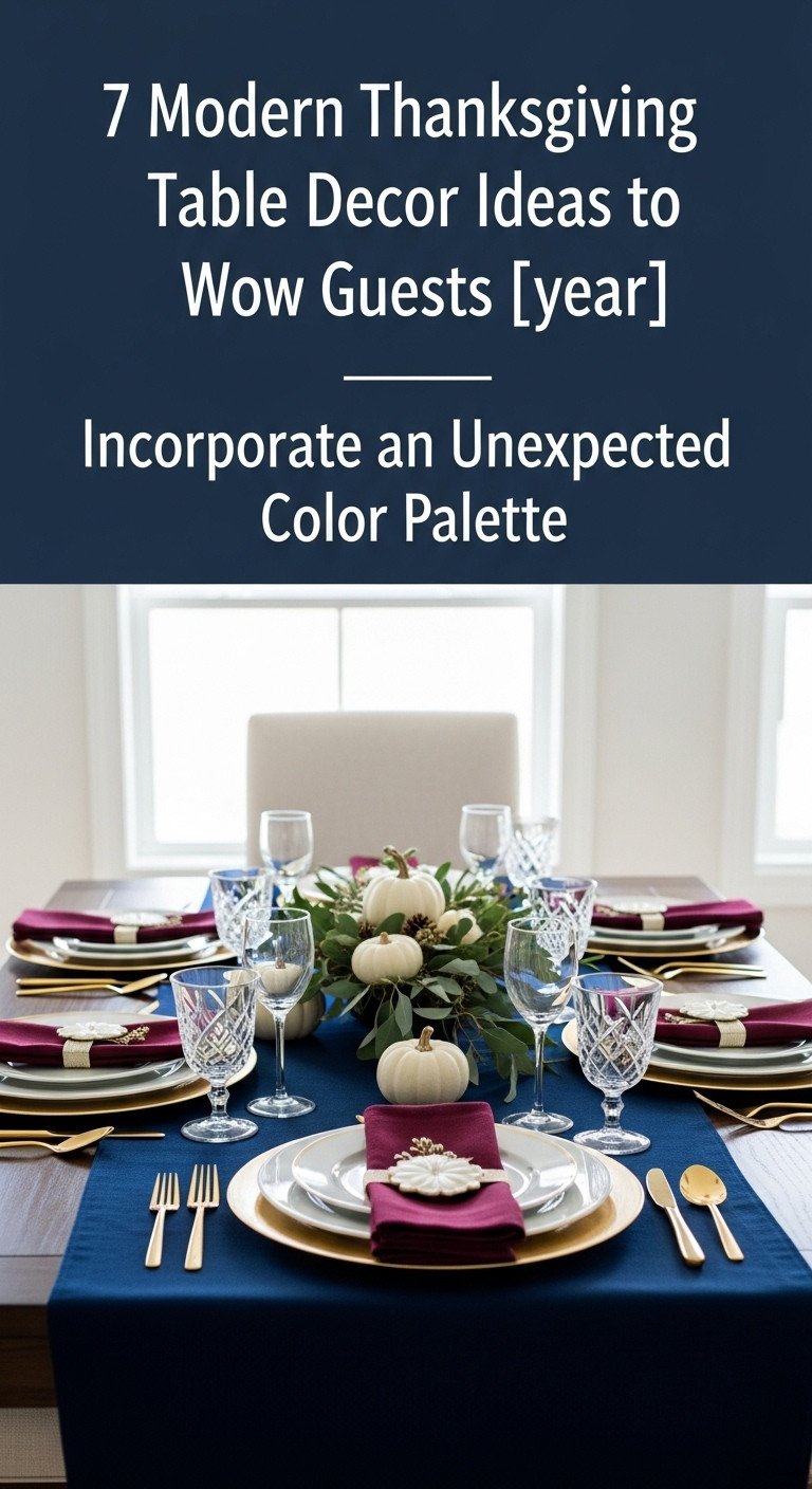 Unexpected color palette Thanksgiving tablescape with navy blue tablecloth white gold-rimmed plates gold flatware and burgundy linen napkins