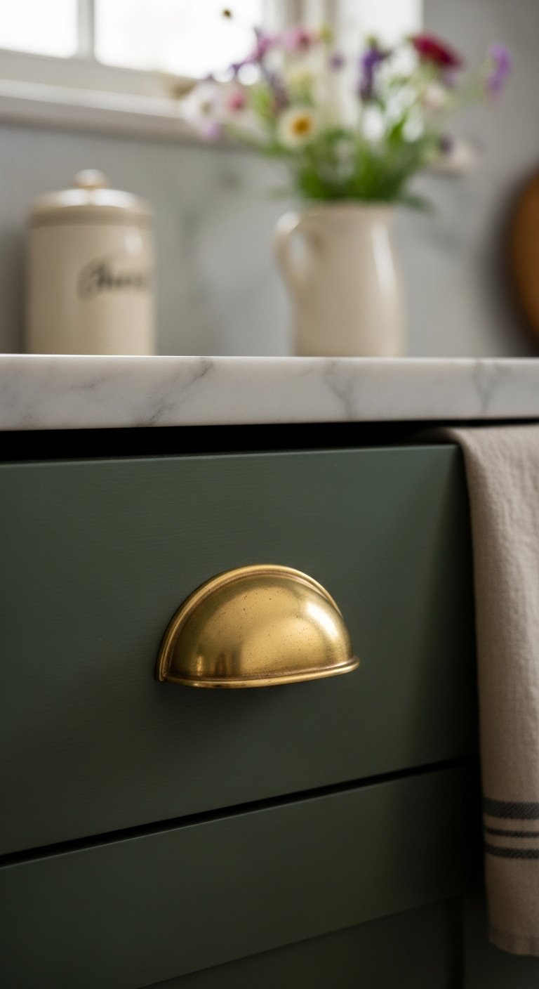 Unlacquered brass cup pull on a dark green kitchen drawer with natural patina subtle fingerprints and cozy rustic mood