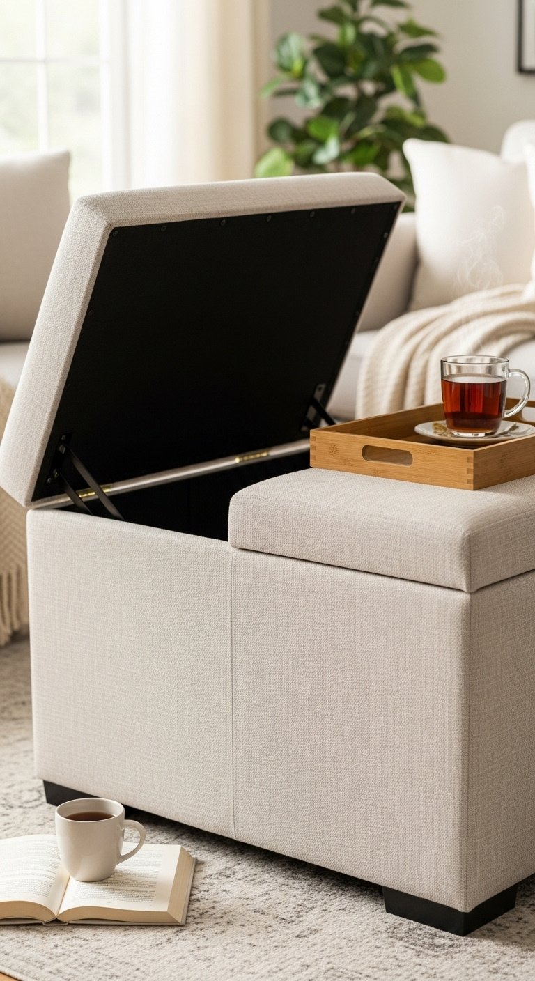 Upholstered storage ottoman serving as a coffee table with a wooden tray and a mug of tea in a living area