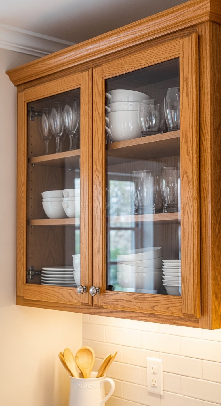 Upper oak kitchen cabinets with clear glass inserts displaying white ceramic dishes and glassware