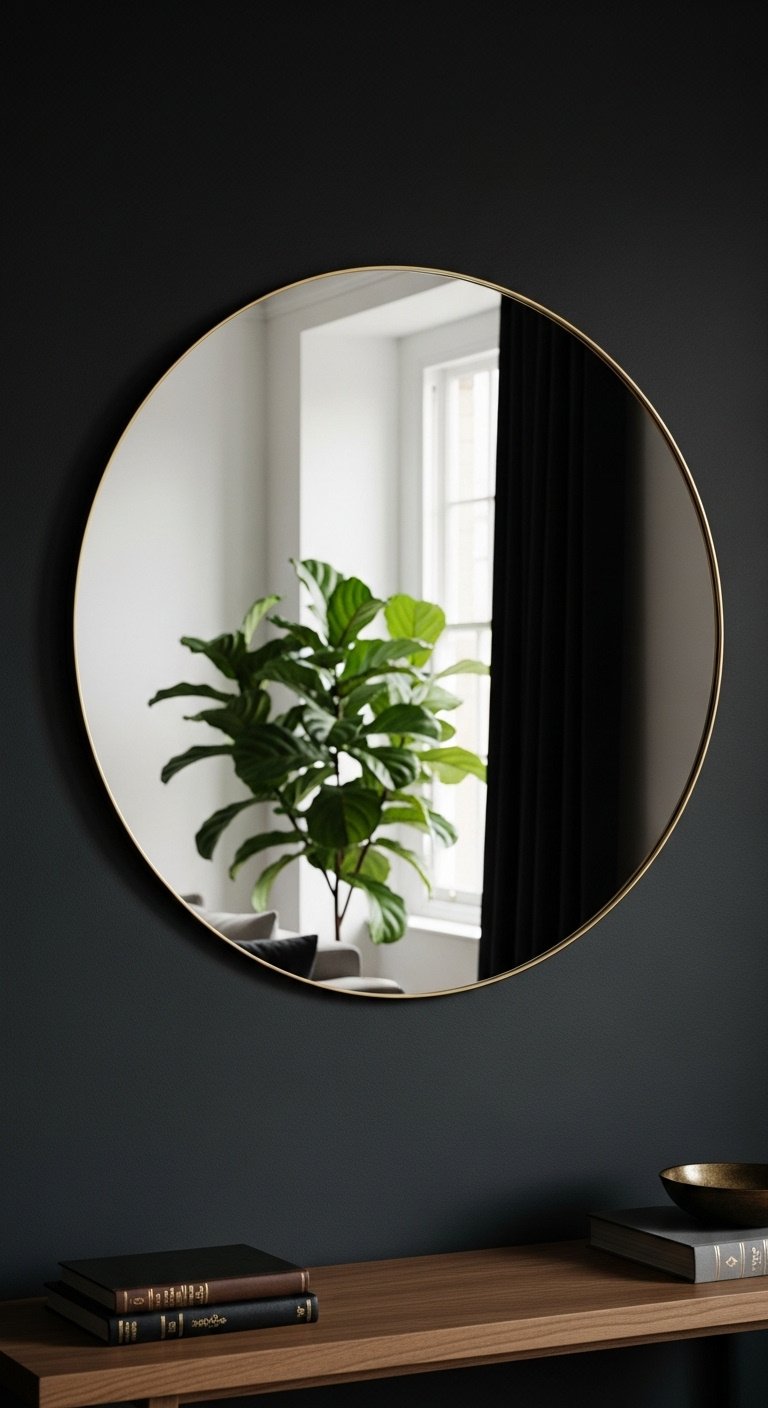 Using mirrors to create depth in open plan kitchen dining living with large round mirror brass frame and fiddle leaf fig plant