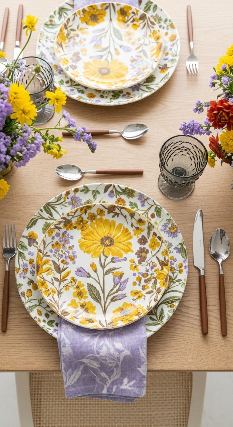 Vibrant Thanksgiving place setting with botanical floral pattern dinner plate lavender block-printed linen napkin and gray glassware