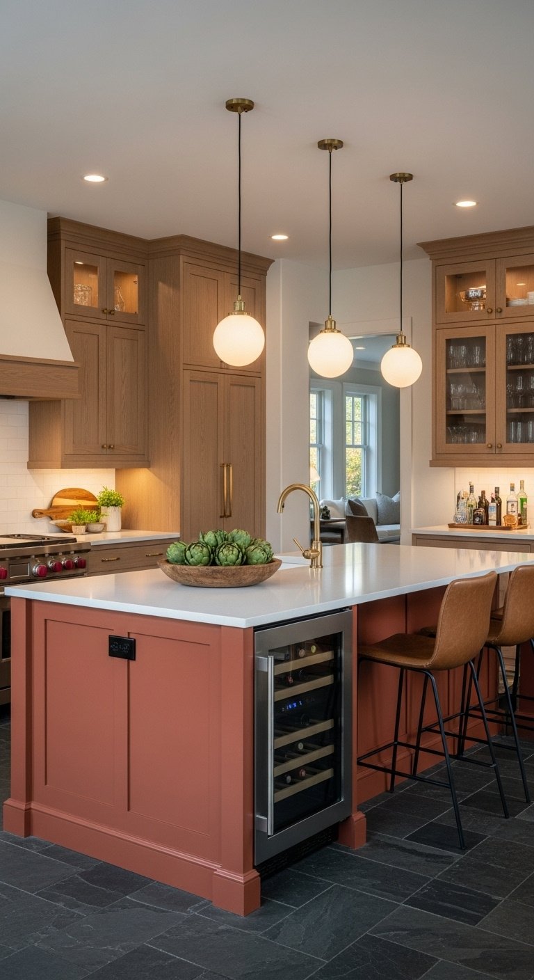 Vibrant kitchen with terracotta lower cabinets light wood uppers large island wine fridge and quartz countertop