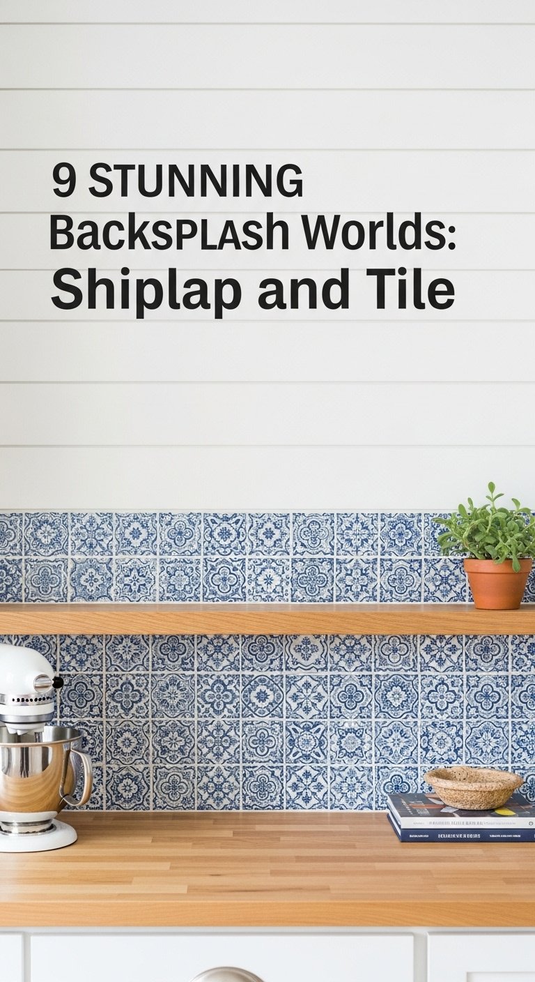 Vibrant transitional kitchen with blue patterned tile and white shiplap backsplash light wood counter and mixer