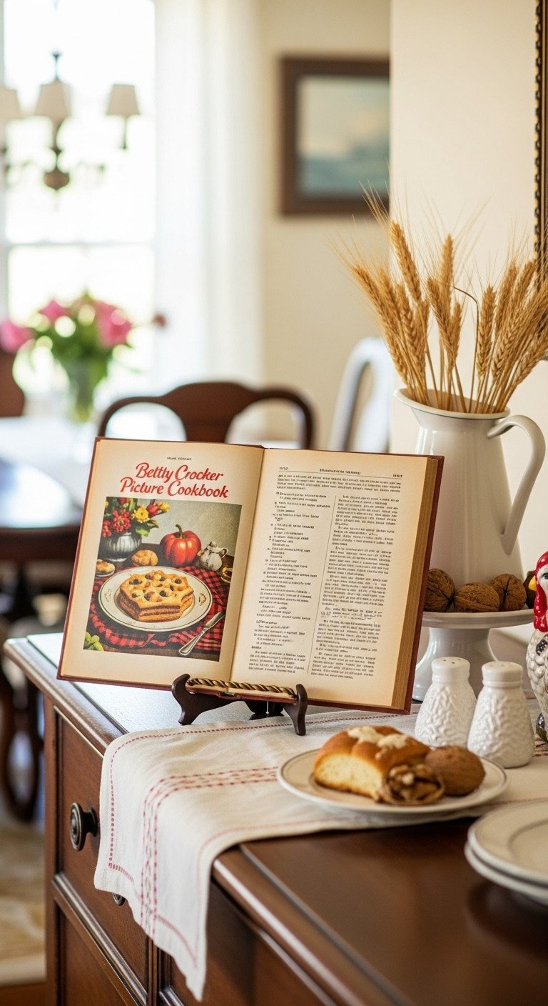 Vintage 1950s Thanksgiving cookbook open to a recipe page on a dark wood sideboard with turkey salt shaker