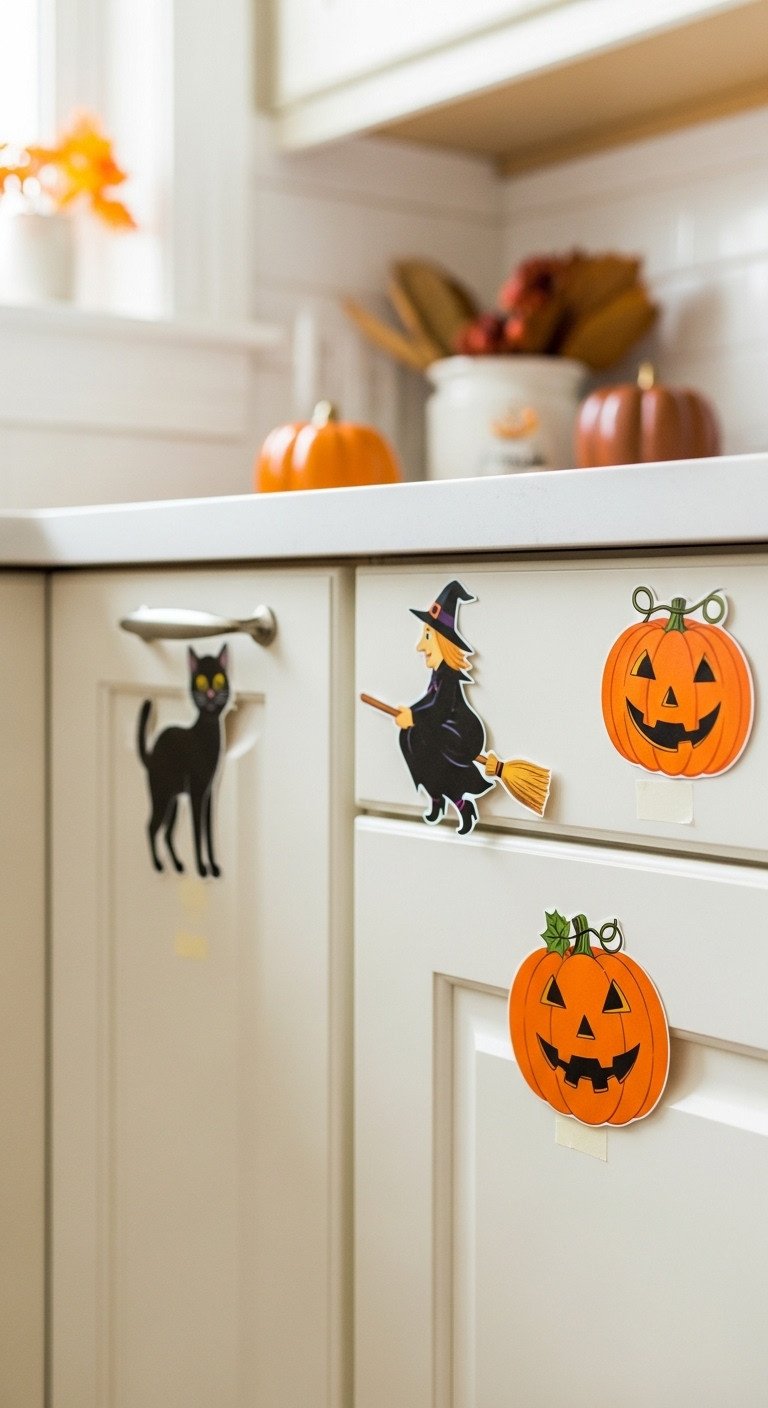 Vintage Beistle Halloween die-cuts a black cat jack-o'-lantern witch on creamy-white kitchen cabinets with a ceramic pumpkin