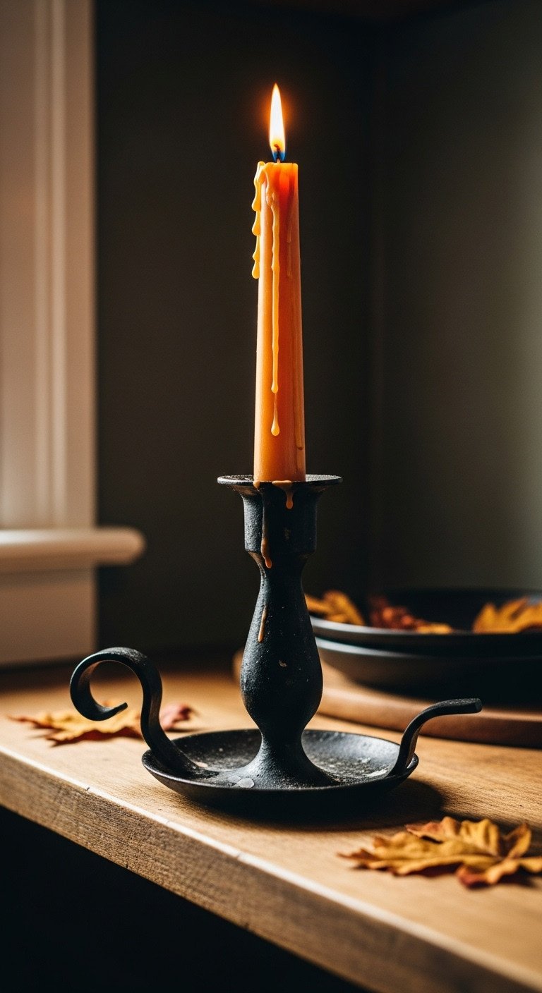 Vintage Halloween kitchen decor with antique black metal taper candle holder holding a drippy orange candle on a rustic shelf