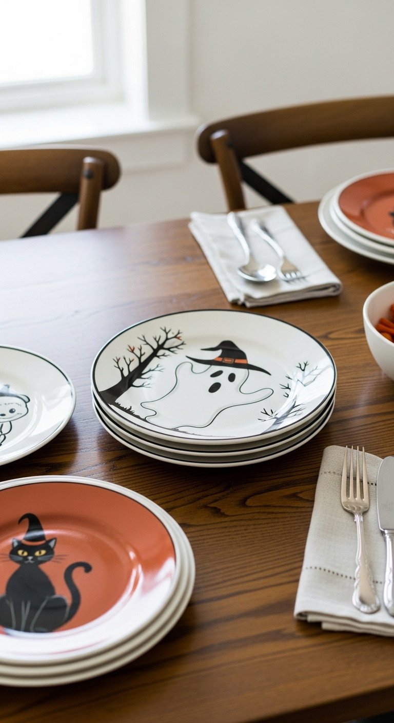 Vintage Halloween kitchen decor with stack of salad plates featuring classic black cat ghost and witch illustrations on wooden table