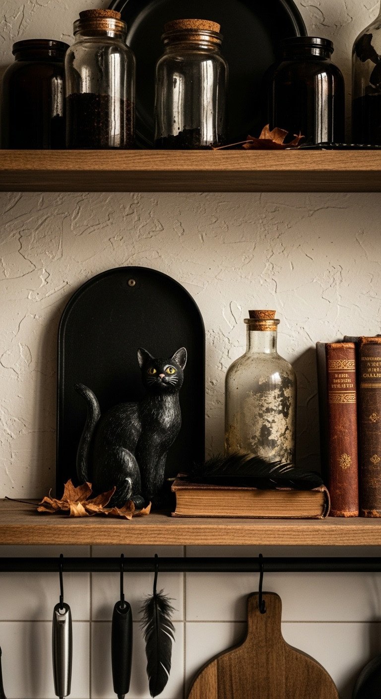 Vintage Halloween kitchen shelf decor with black cat figurine potion bottle antique books dried leaves and black feather