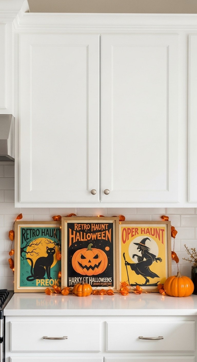 Vintage Halloween posters with a black cat jackolantern and witch over white kitchen cabinets with a ceramic pumpkin and fairy lights