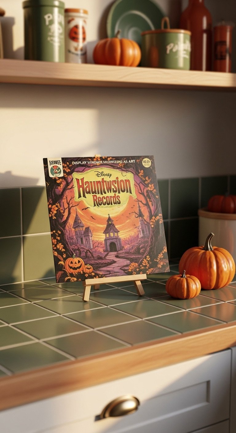 Vintage Halloween record album displayed as art on a kitchen counter with mini pumpkins and a blurred background of vintage trinkets