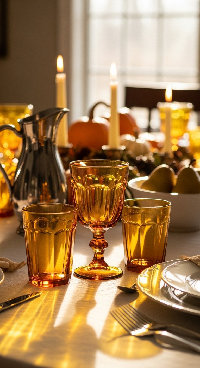 Vintage amber glassware casting a warm golden glow on a white Thanksgiving tablecloth with pumpkins and candles