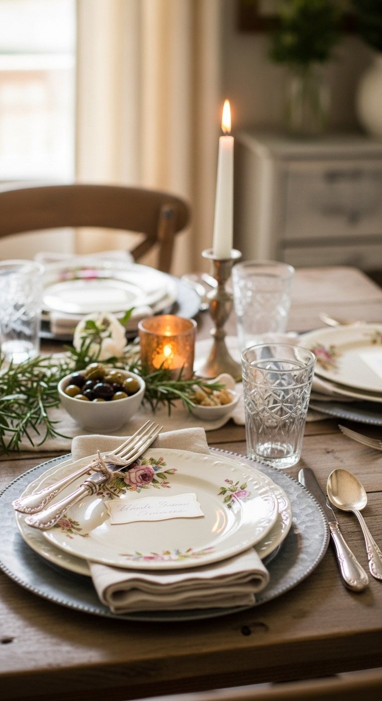 Vintage china and family heirloom Thanksgiving place setting with floral plate galvanized charger antique silverware and etched-glass tumbler