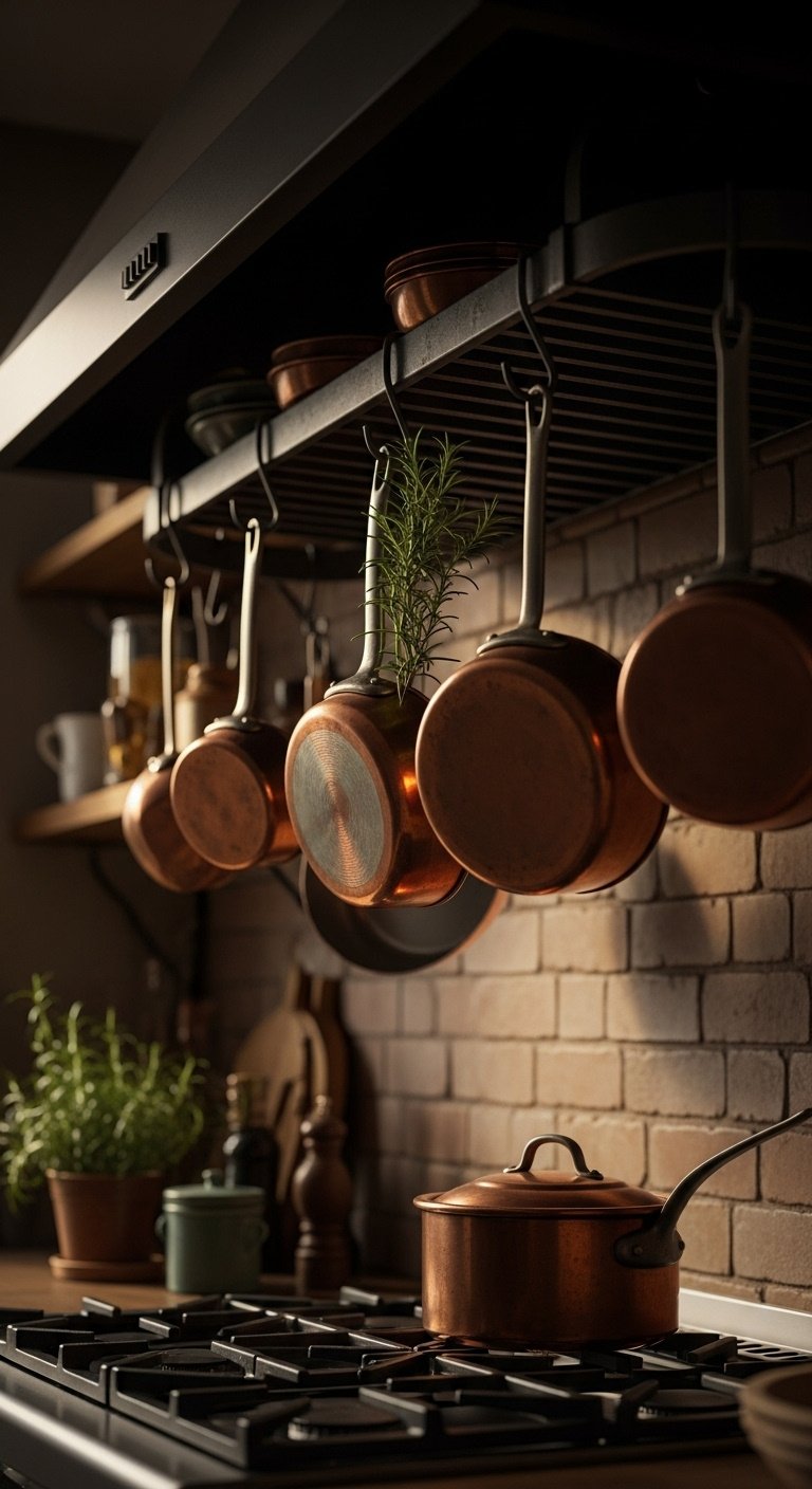 Vintage copper pots and pans with aged patina hanging from a rustic iron pot rack above a stove