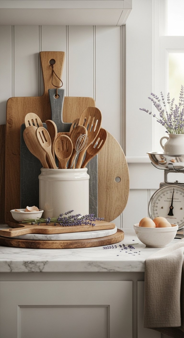 Vintage cutting boards, crock with wooden utensils, metal scale, fresh eggs, and lavender on a marble countertop
