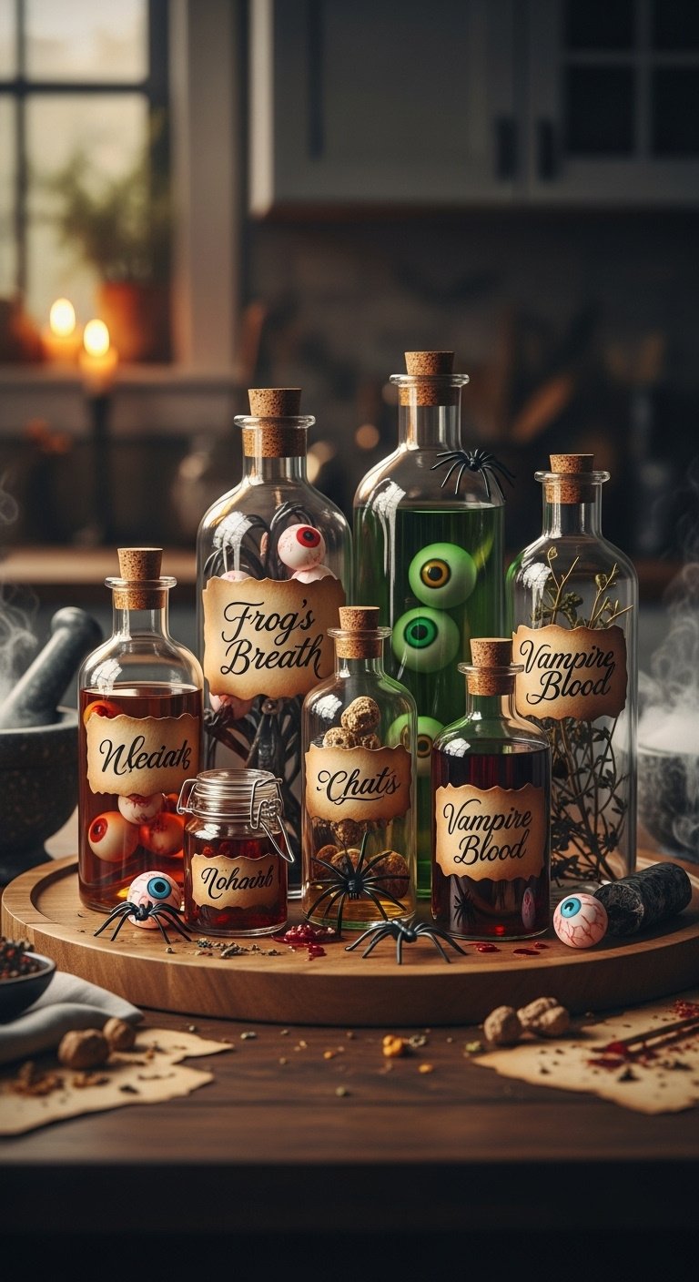 Vintage glass apothecary bottles with colored liquids, faux eyeballs, plastic spiders, and parchment labels on a wooden tray with dry ice smoke