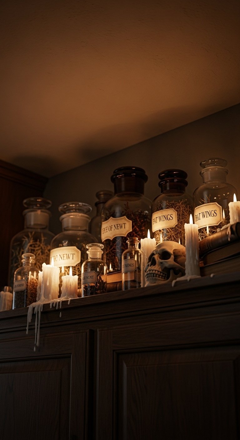 Vintage glass jars with spooky labels, colored liquids, dried herbs, faux skull, old books, and unlit dripping wax candles on top of dark wood kitchen cabinets