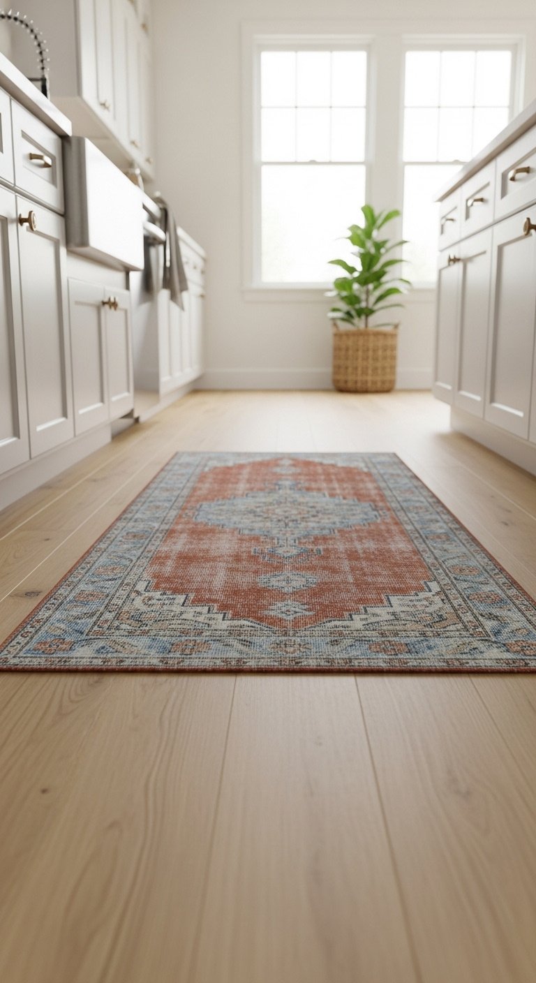 Vintage inspired terracotta and blue runner rug on a light wood kitchen floor with blurred white cabinets and a plant