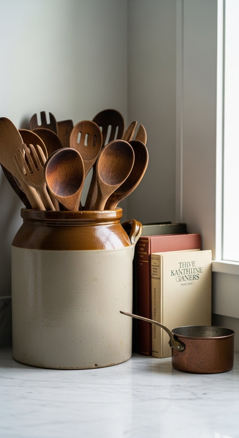 Vintage kitchen counter with antique stoneware crock wooden utensils stack of cookbooks copper pot and marble countertop