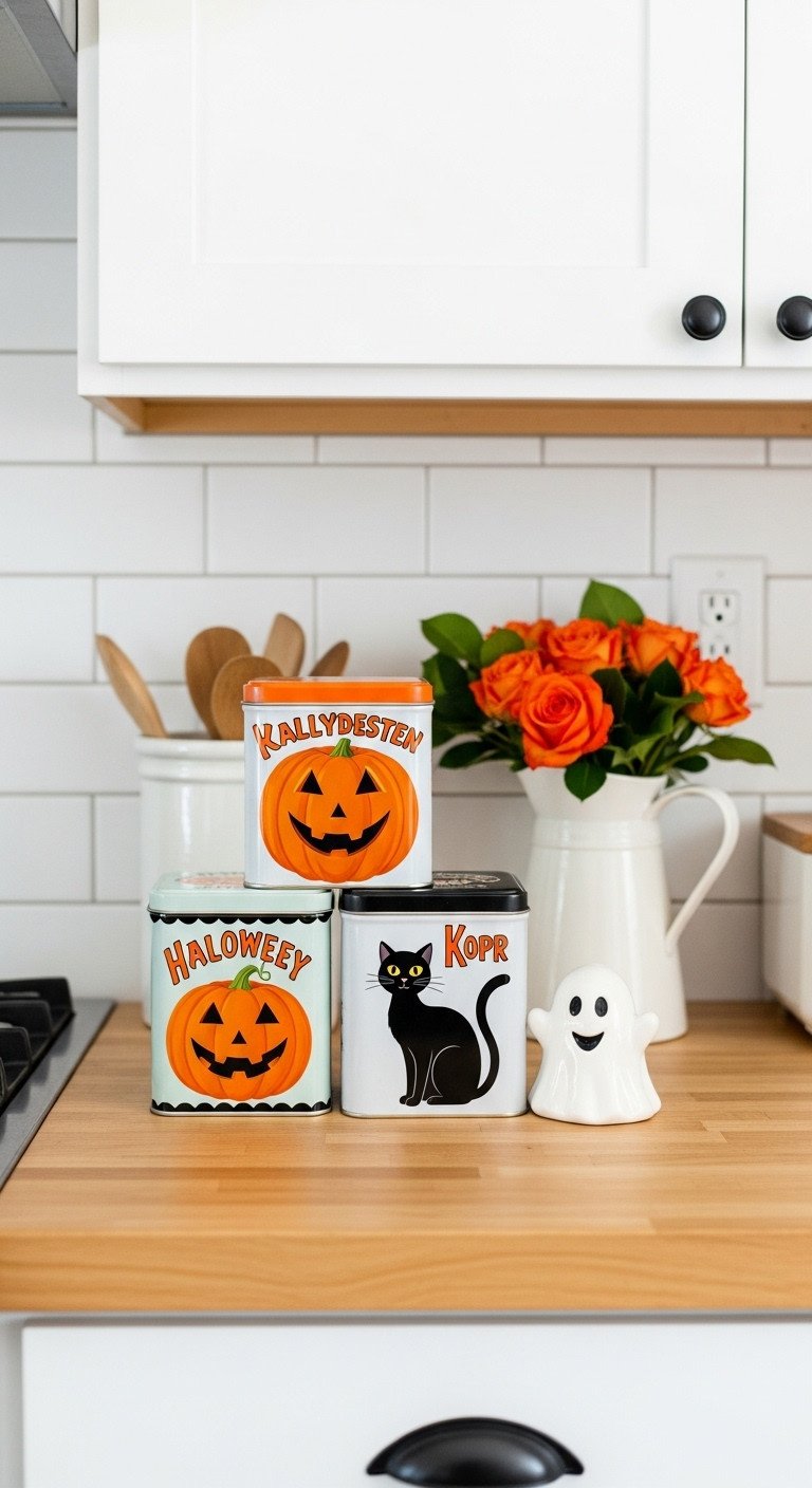Vintage kitschy Halloween countertop decor with retro jack-o'-lantern and black cat tins and a ceramic ghost figurine