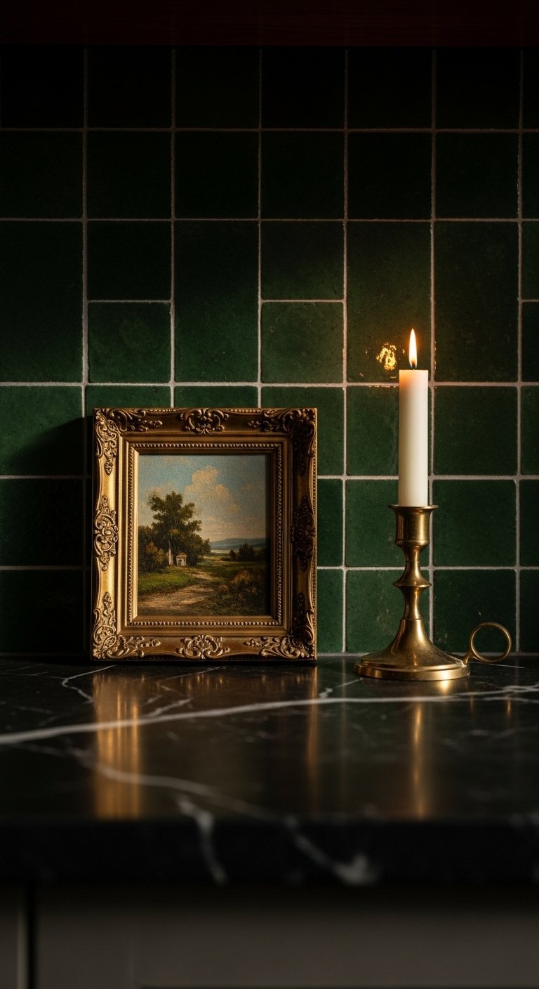 Vintage oil painting in gold frame leaning against dark green tile backsplash on kitchen counter