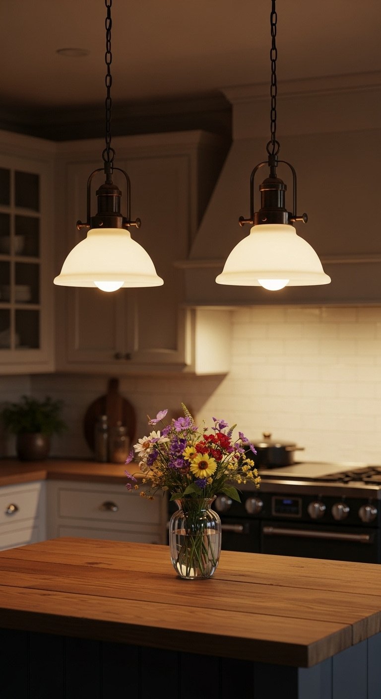 Vintage schoolhouse pendant lights with milky glass shades over a rustic wooden kitchen island with wildflowers