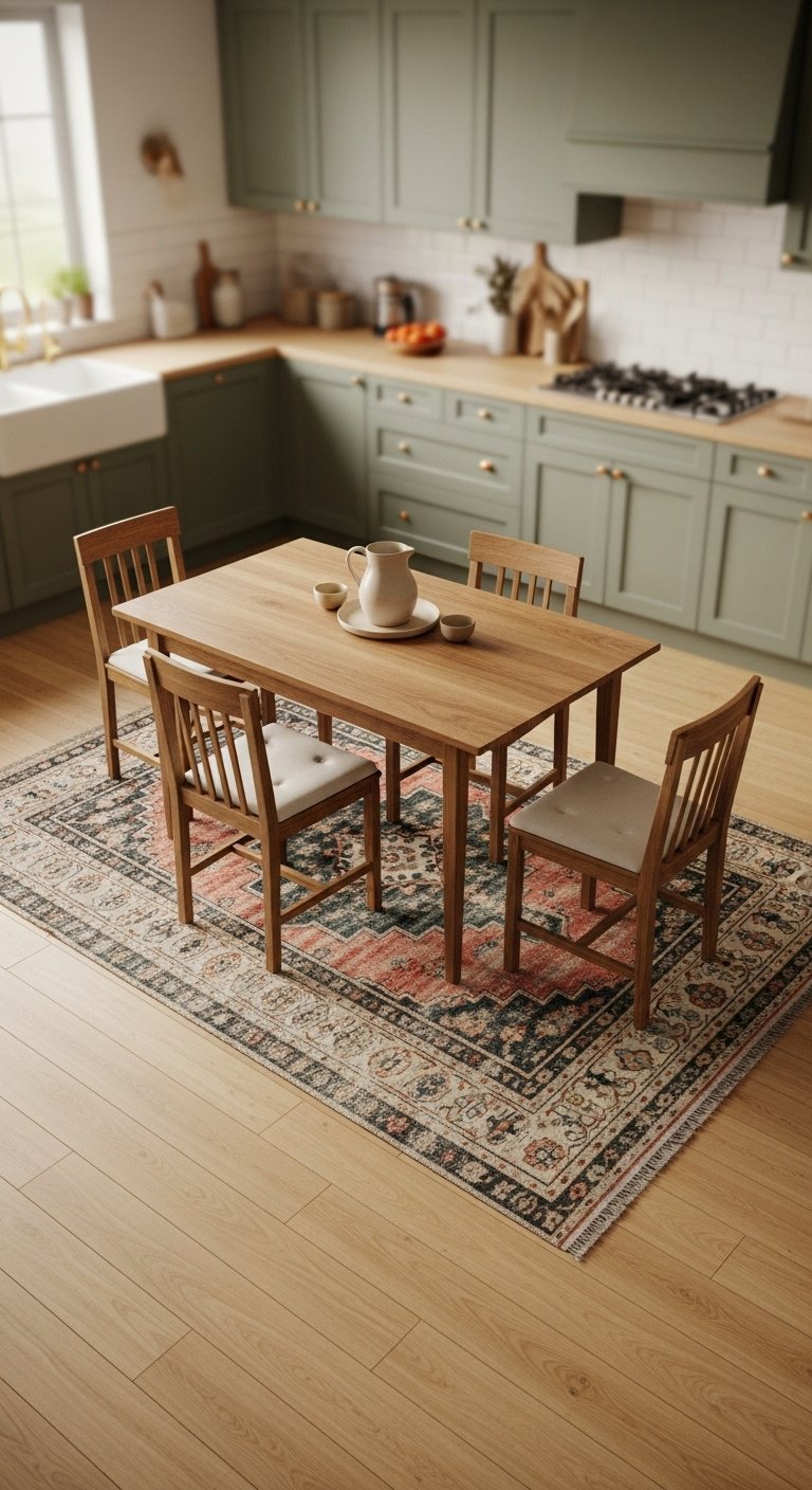 Vintage-style rug defining a cozy dining area on light hardwood, separating it from a blurred sage green kitchen