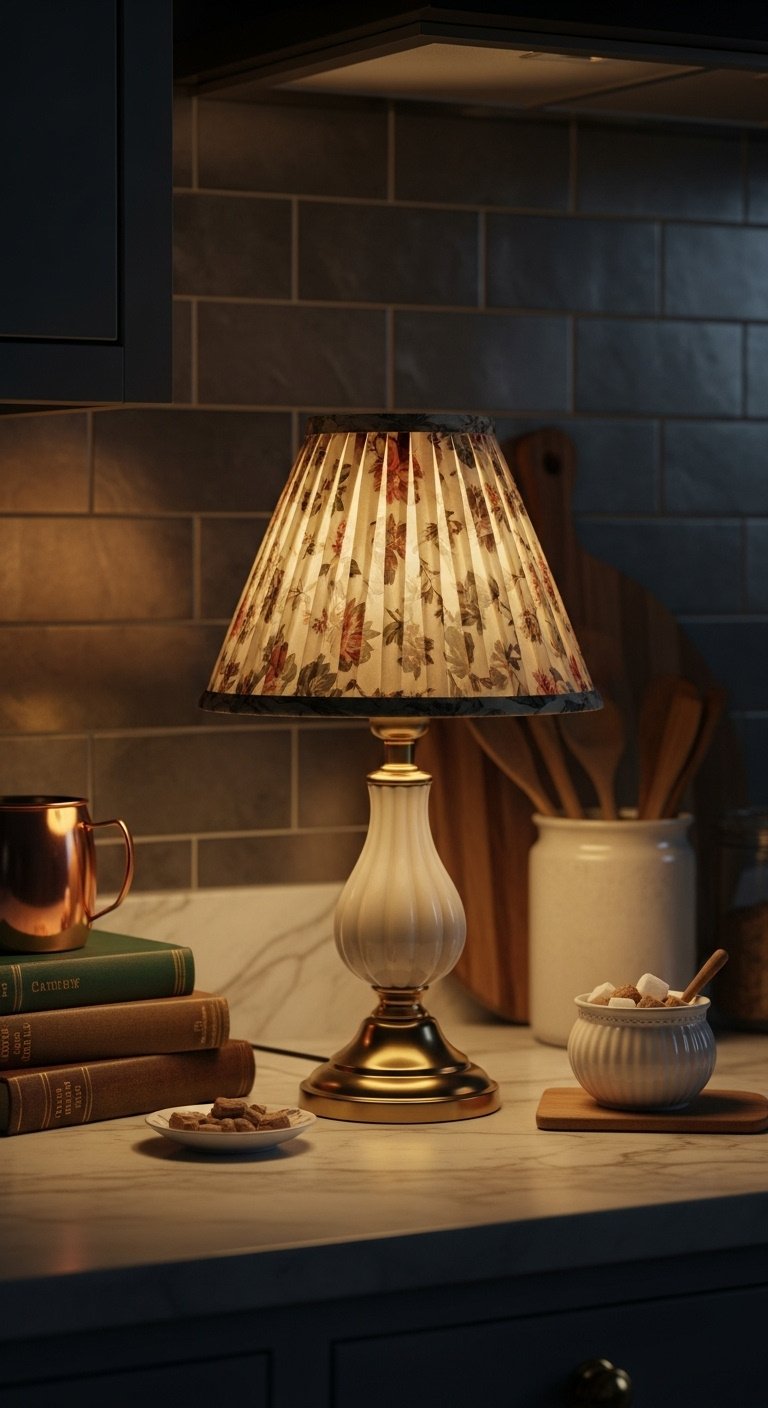 Vintage table lamp with floral shade on marble counter casting warm glow on cookbooks and copper mug
