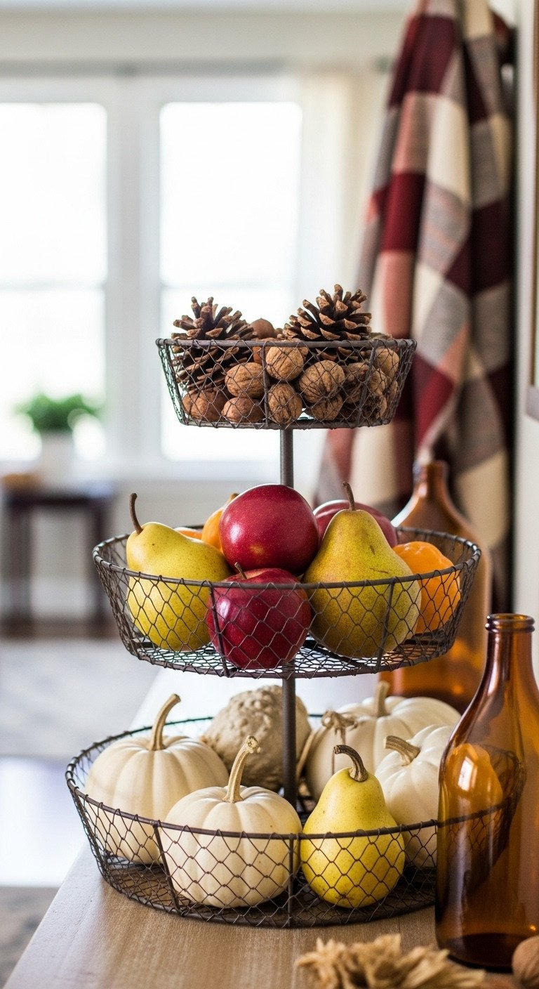 Vintage three-tiered basket overflowing with small white pumpkins apples pears pinecones and nuts for Thanksgiving harvest display