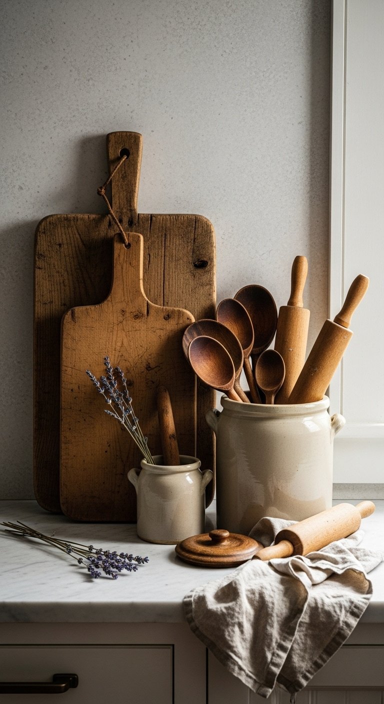 Vintage wooden bread board and stoneware crock with spoons on a marble countertop with lavender