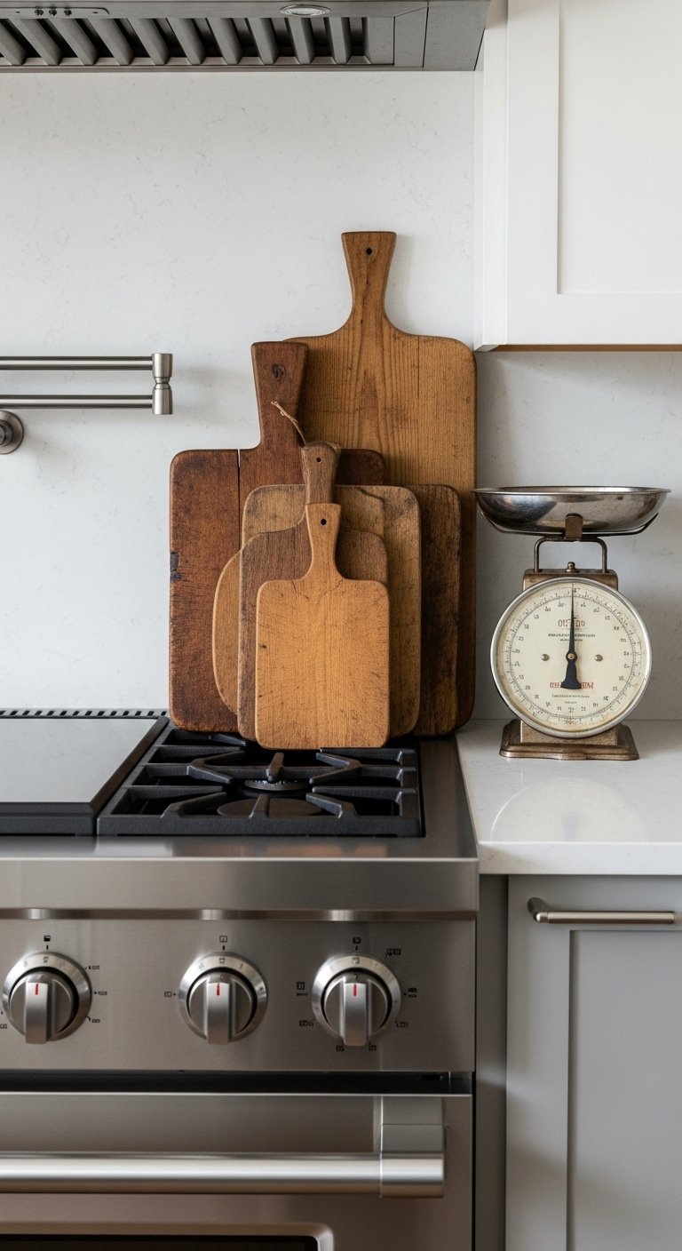 Vintage wooden cutting boards and cast iron scale next to a modern stainless steel range on a white quartz countertop natural light
