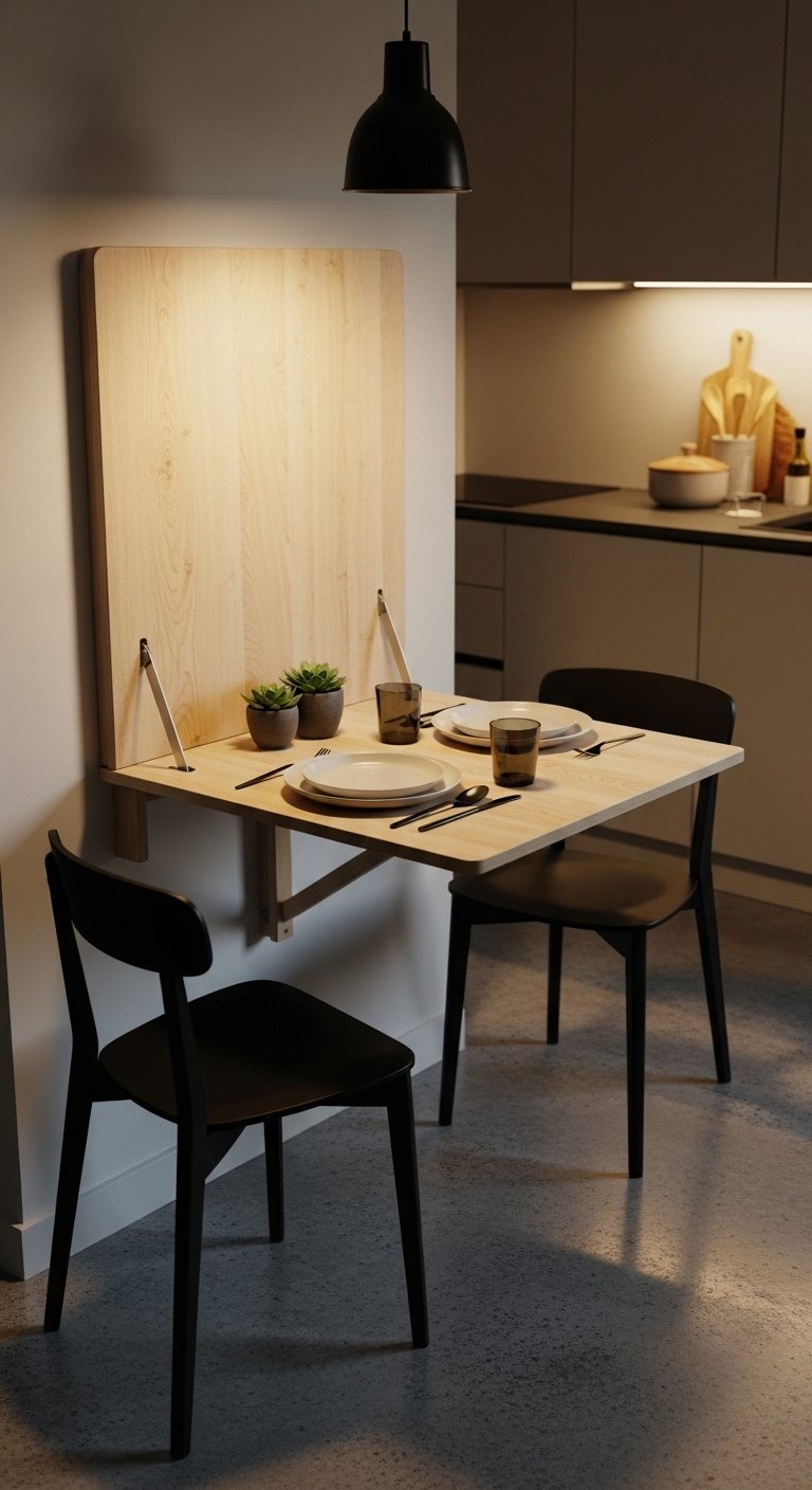 Wall-mounted fold-down dining table in light birch wood for two with minimalist black chairs in a modern kitchen