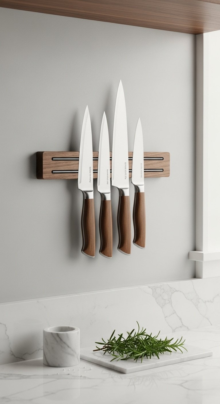 Walnut wood magnetic knife strip on a light gray wall with professional chef knives above a quartz countertop with a salt cellar