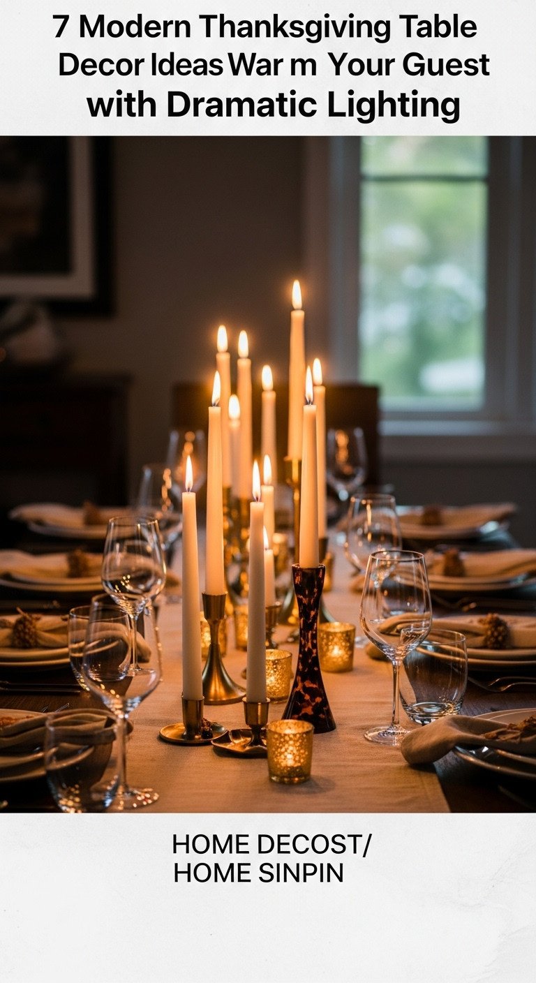 Warm ambiance with dramatic lighting featuring tall taper candles in gold and tortoiseshell holders with scattered gold votives