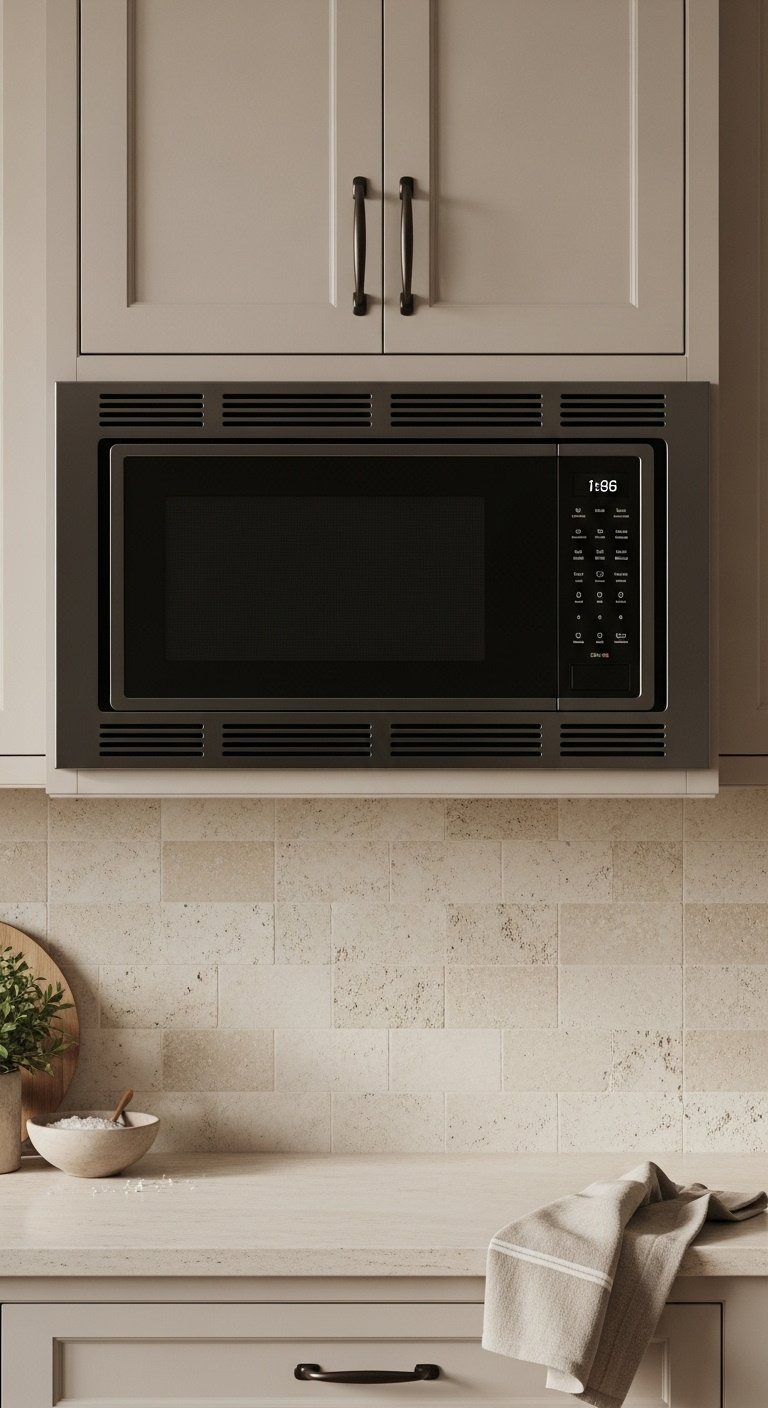 Warm beige neutral kitchen with black stainless steel microwave soft beige cabinetry and dark oil-rubbed bronze hardware