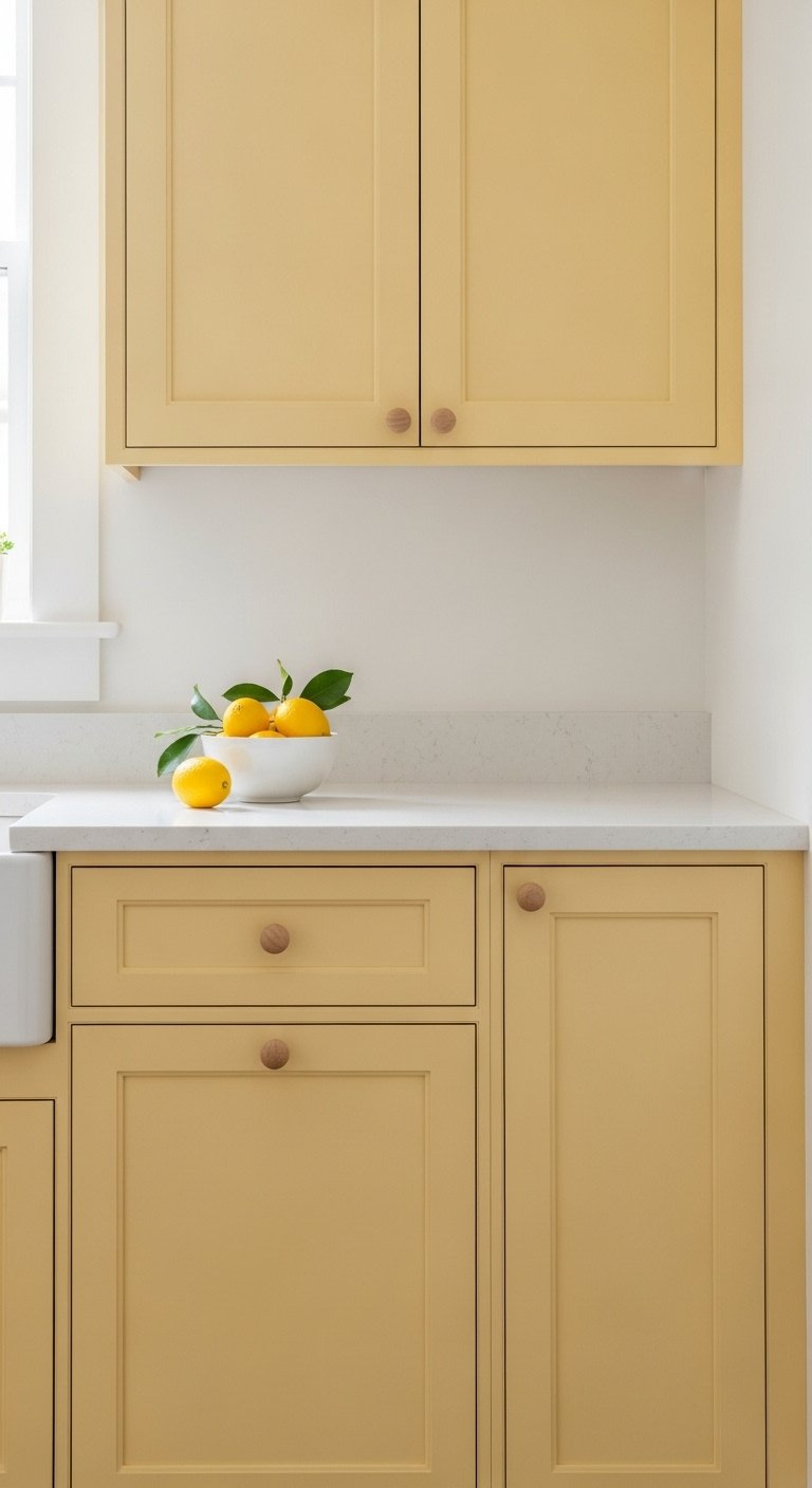 Warm butter yellow kitchen cabinet with wooden knob white quartz counter and fresh lemons