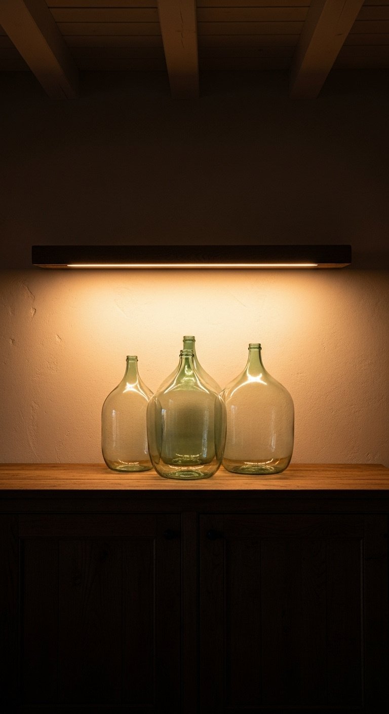 Warm glow from hidden LED strips on dark wood kitchen cabinets illuminating three large empty glass demijohn bottles on a cream wall