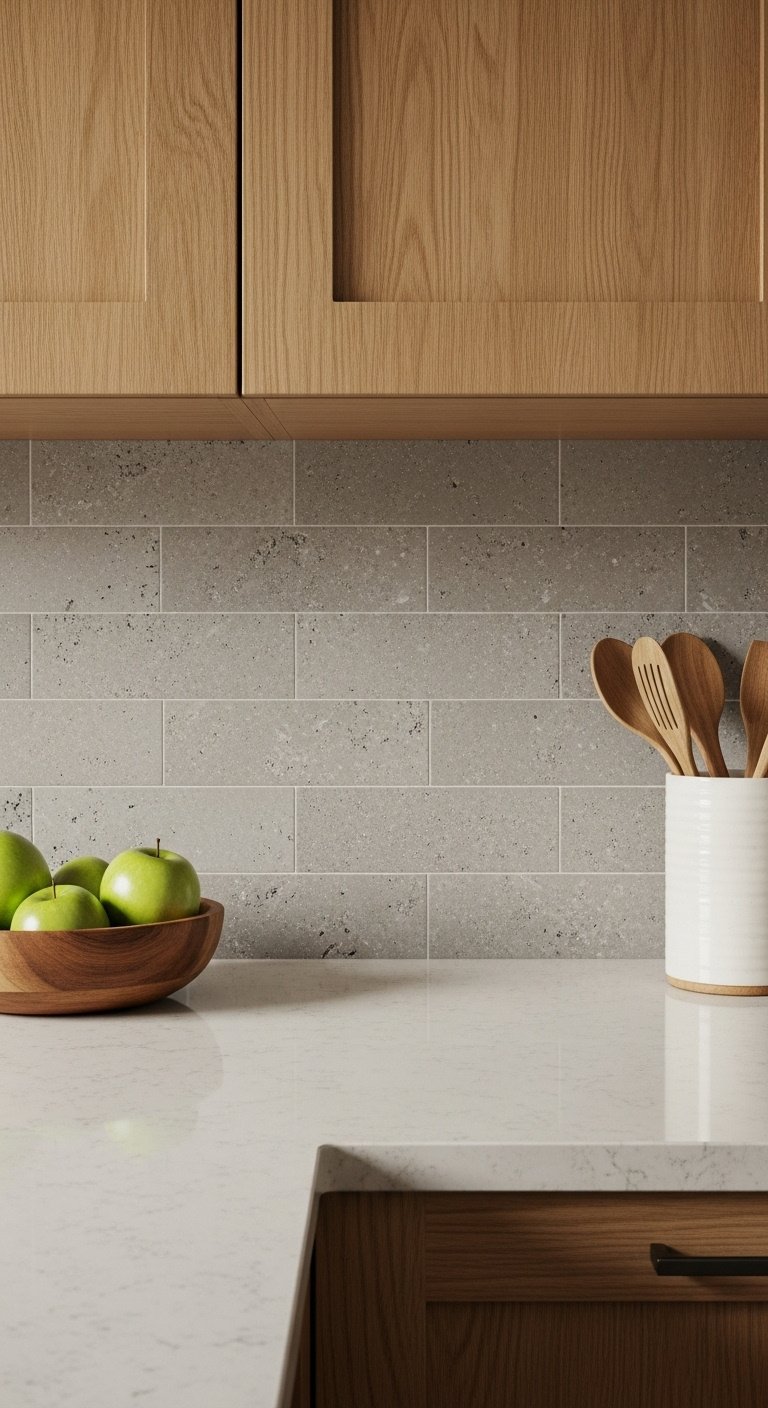 Warm gray stone tile backsplash with light brown oak cabinets and beige quartz countertop