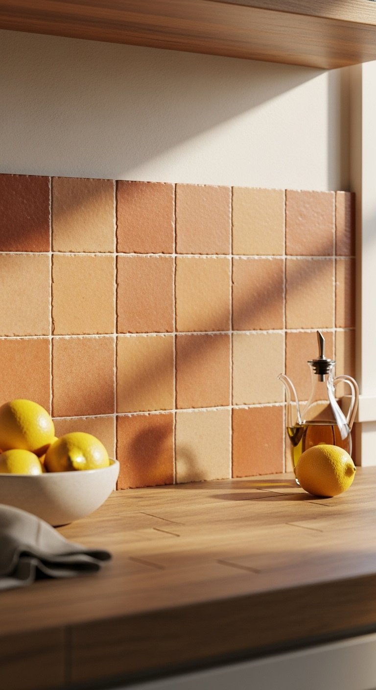 Warm kitchen with an authentic terracotta tile backsplash rustic butcher block counter and fresh lemons under natural light