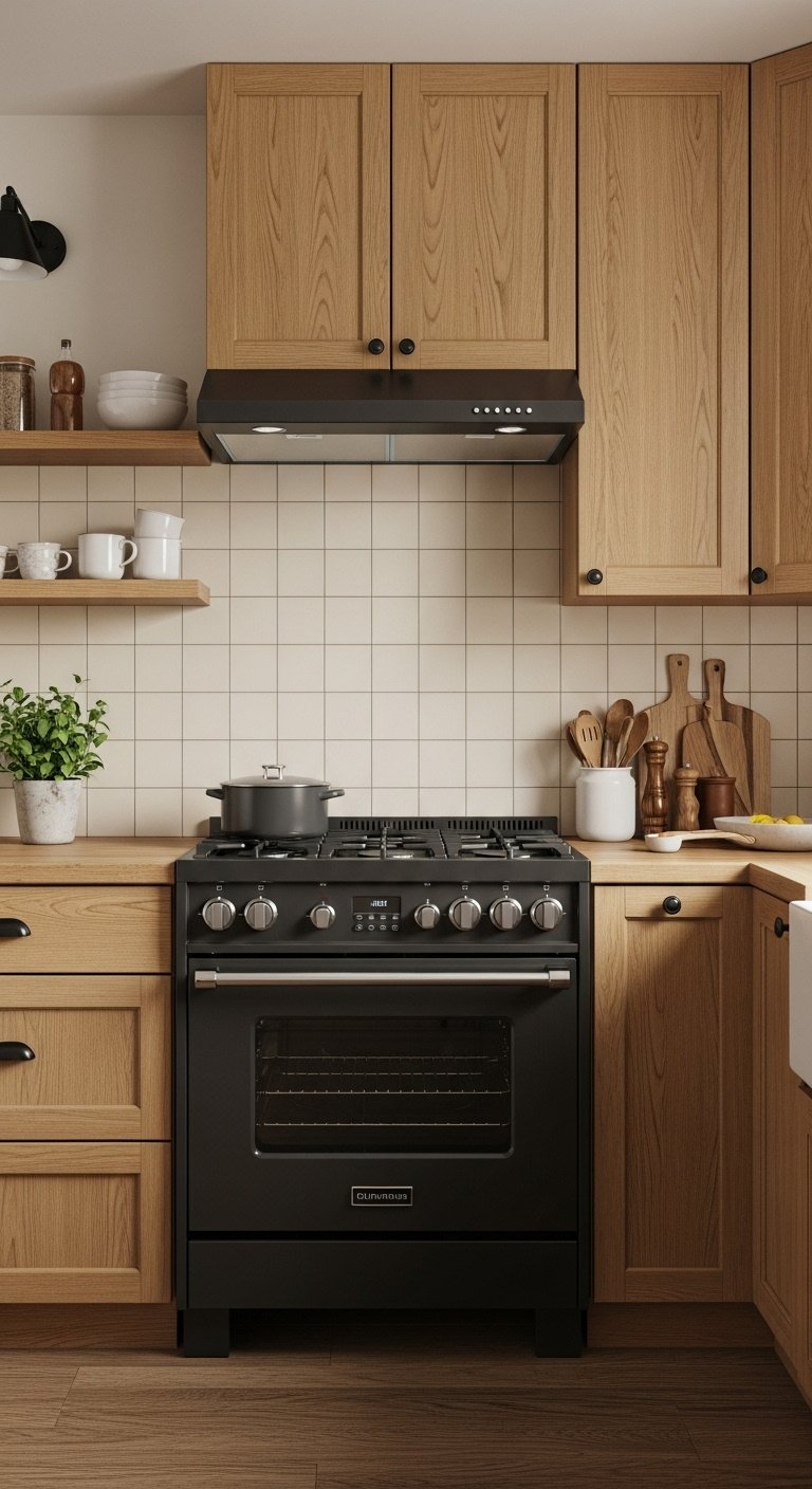 Warm natural wood galley kitchen with black stainless steel range light oak cabinets butcher block countertop and potted herb
