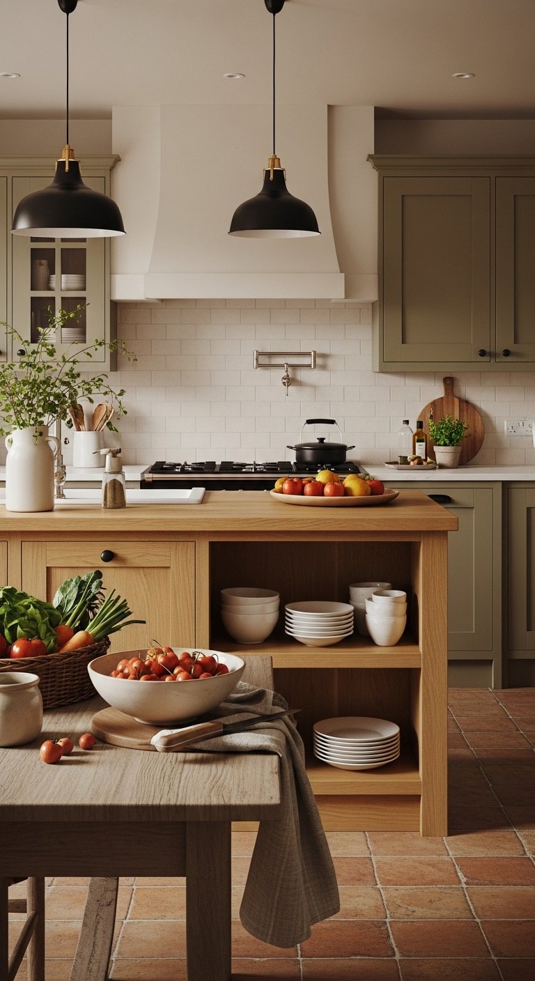 Warm olive green kitchen cabinets with natural oak island open shelving and matte black hardware in a cozy rustic kitchen