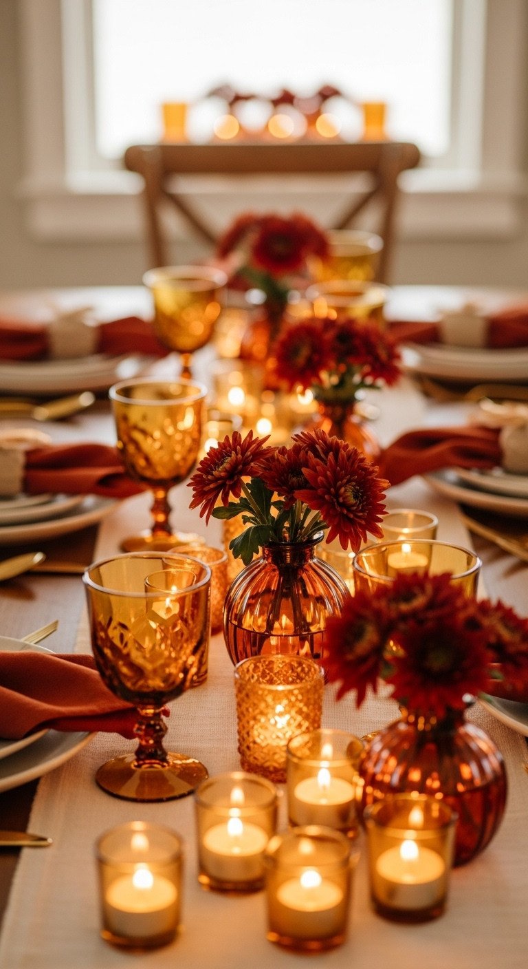 Warm red and amber glass glow Thanksgiving table decor with cream runner rust red mums napkins and gold flatware