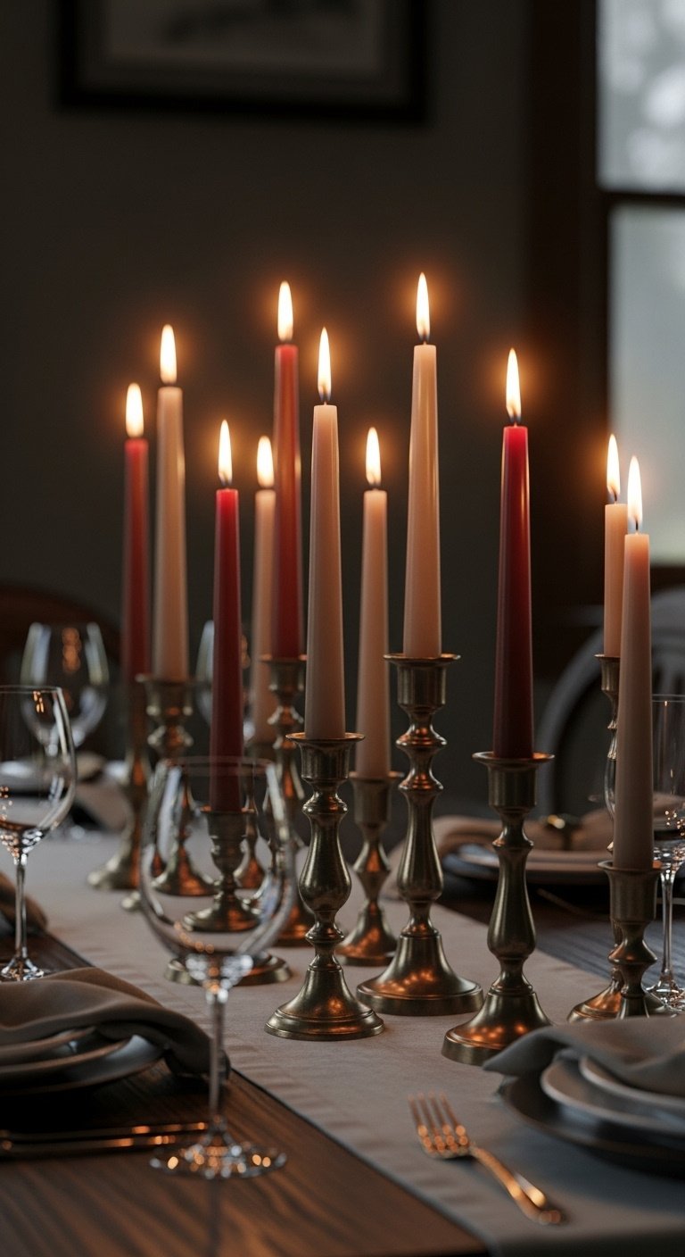 Warm taper candle glow for a fall tablescape with rust and beige candles in antique brass candlesticks on a dark wood table