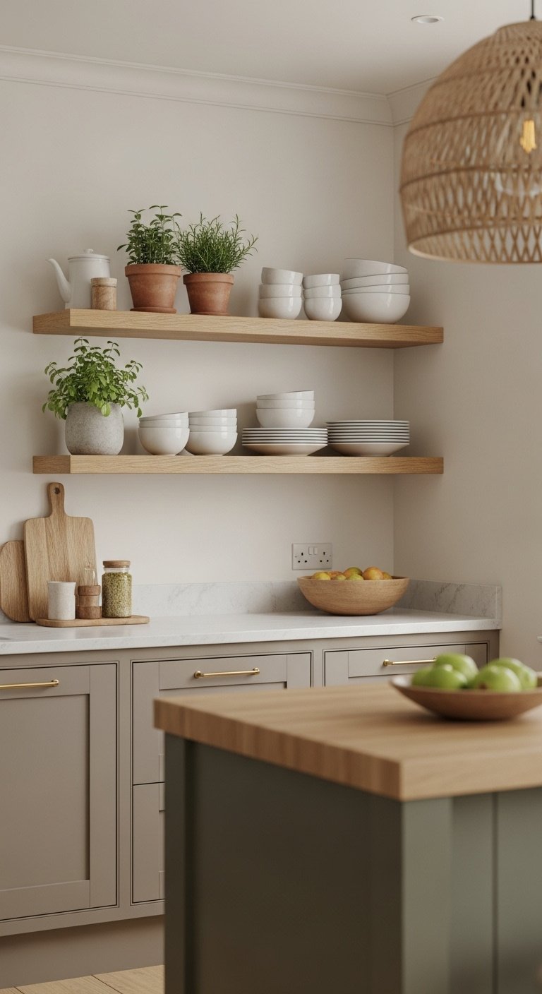 Warm taupe kitchen cabinets with natural oak open shelving displaying white ceramic dishes and herbs